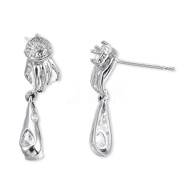 Brass Pave Clear Cubic Zirconia Hand with Teardrop Dangle Stud Earring Findings KK-N232-477P-A-1