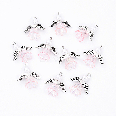10Pcs Acrylic & Imitation Pearl Flower Angel Pendants PALLOY-YW00055-09-1