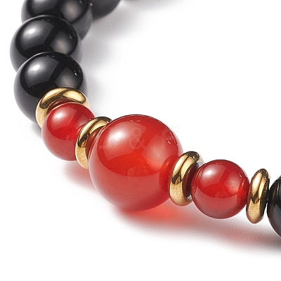 Natural Red Agate Carnelian(Dyed & Heated) & Black Onyx Round Beaded Stretch Bracelet BJEW-JB08642-1