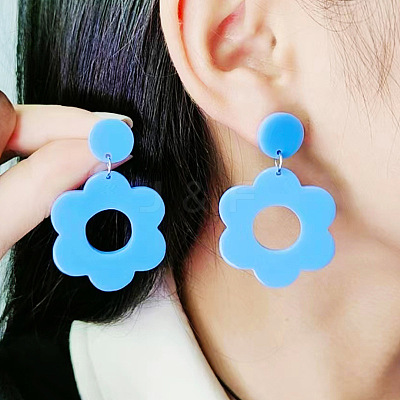 Flower with Flat Round Opaque Acrylic Dangle Stud Earrings FS-WG69462-01-1