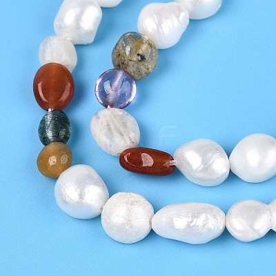 Natural Mixed Gemstone Nuggets & Natural Cultured Freshwater Pearl Beads Strands PEAR-N023-01A-12-1