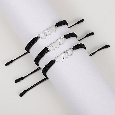 3Pcs 3 Style Stainless Steel Heart Link Bracelets Set BJEW-SW00106-02-1