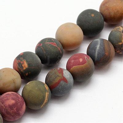 Natural Polychrome Jasper/Picasso Stone/Picasso Jasper Frosted Bead Strands G-O155-03B-10mm-1