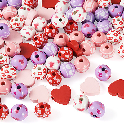 80Pcs 8 Styles Valentine's Day Printed Wood Beads WOOD-TA0003-01-1