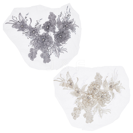 2Pcs 2 Colors Flower Chemical Fiber with Crystal Rhinestone Embroidery Sew on Cloth Patches PATC-FG0003-60A-1