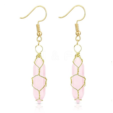 Rose Quartzl Hexagon Handmade Copper Wire Wrapped Earrings Natural Stone Column Earrings ND6138-2-1