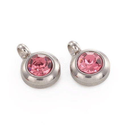 Trendy Original Color 304 Stainless Steel Faceted Grade A Rhinestone Flat Round Charms Pendants RB-N030-01F-1