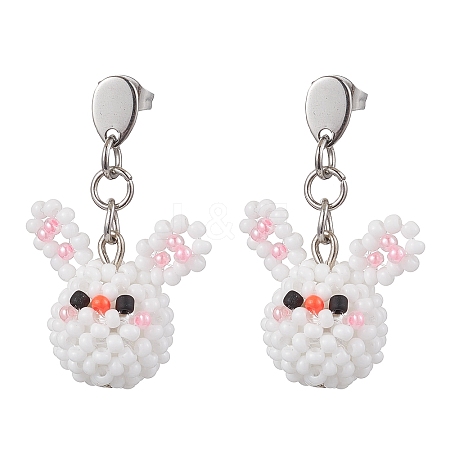 Handmade Glass Seed Beads Rabbit Stud Earrings EJEW-MZ00294-1