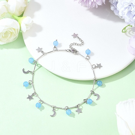 201 Stainless Steel Moon Star & Natural Dyed Malaysia Jade Round Charm Brass Bar Link Chain Anklets AJEW-AN00732-02-1