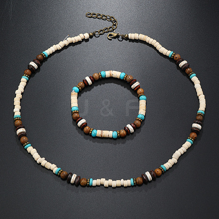 Bohemian Style Coconut Shell with Synthetic Turquoise Rondelle Beaded Necklaces & Bracelets Sets FS-WG8D889-02-1
