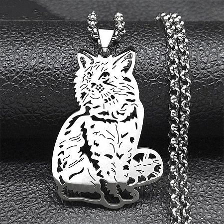201 Stainless Steel Box Chain Hollow Cute Cat Pendant Necklaces NJEW-S003-09P-1