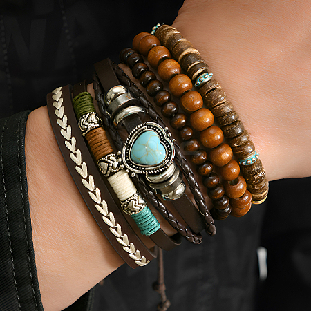 6Pcs 6 Styles Wood & Synthetic Turquoise & Alloy Beaded Stretch Bracelets & Braided Bracelets for Women BJEW-CL0001-60-1