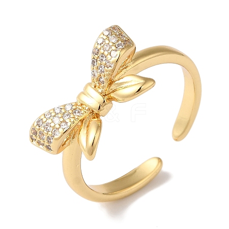 Bowknot Brass Micro Pave Clear Cubic Zirconia Open Cuff Rings for Women RJEW-C098-04G-1