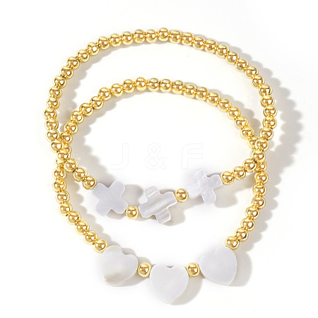 2Pcs Simple White Seashell Cross & Heart Stretch Bracelet Sets JC6686-1-1