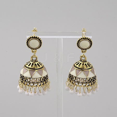 Ethnic Style 3D Enamel Bell with Seed Beeded Dangle Stud Earrings EJEW-WH0047-33C-1