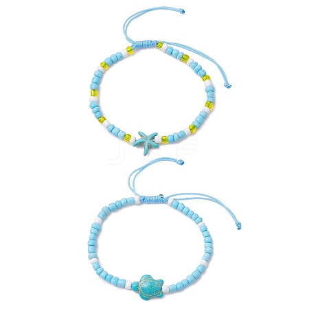 Synthetic Turquoise & Glass Seed Braided Bead Bracelets BJEW-JB11153-1