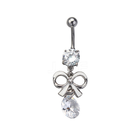 316L Surgical Stainless Steel Pave Cubic Zirconia Bowknot Curved Barbell Dangle Belly Rings FS-WG3E776-04-1