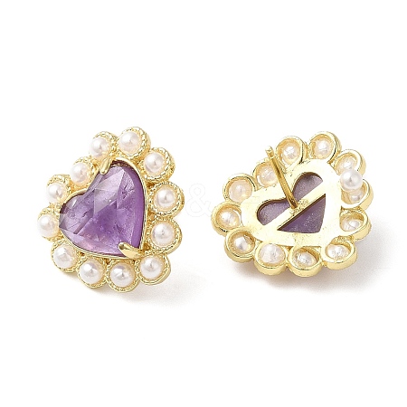 Ion Plating(IP) Natural Amethyst Heart Stud Earrings with Plastic Pearl Beaded EJEW-E599-02G-02-1