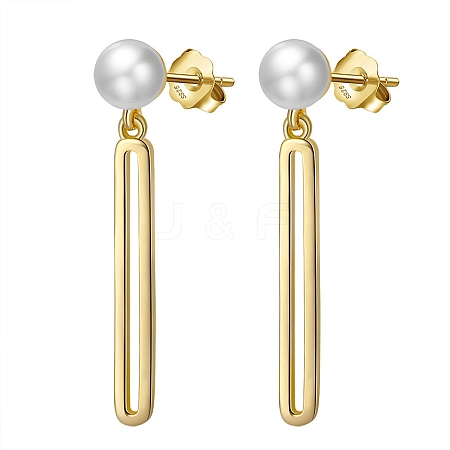 925 Sterling Silver Oval Dangle Stud Earrings with Pearl Beaded EJEW-P231-23G-1