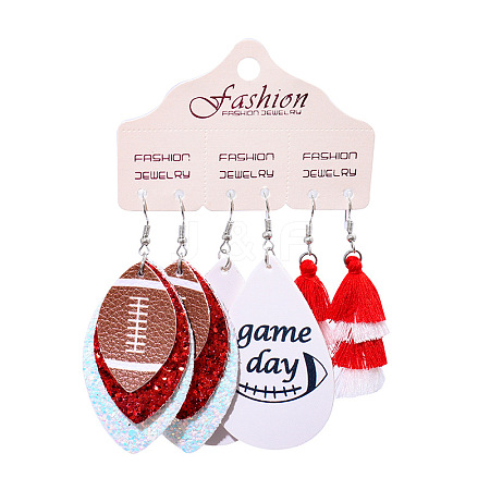 3 Pairs Alloy Imitation Leather Rugby Dangle Earrings FS-WG65883-02-1