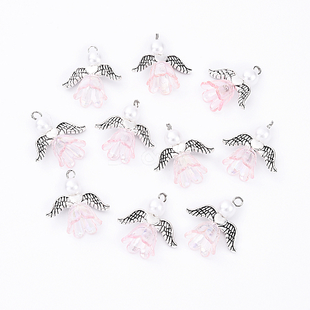 10Pcs Acrylic & Imitation Pearl Flower Angel Pendants PALLOY-YW00055-09-1