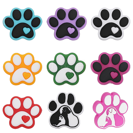 CHGCRAFT 9Pcs 9 Style Dog Paw Print Food Grade Eco-Friendly Silicone Beads SIL-CA0002-80-1