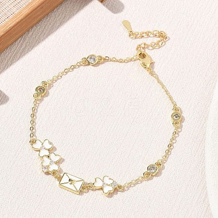 Brass Pave Clear Cubic Zirconia Clover Envelope Link Bracelets KK-CBA6980-18G-1