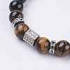 Natural Tiger Eye & Black Obsidian & Cubic Zirconia Beaded Stretch Bracelet BJEW-P188-06B-01-2