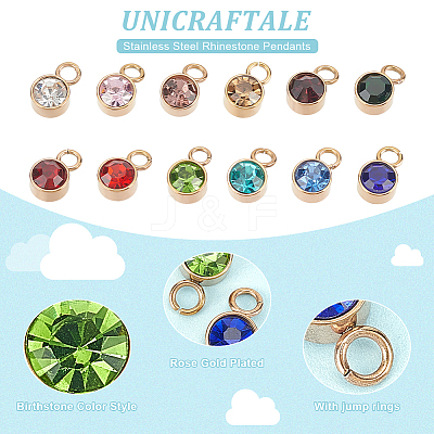 24Pcs 12 Colors Ion Plating(IP) Rose Gold Plated 304 Stainless Steel Rhinestone Pendants STAS-UN0050-52-1