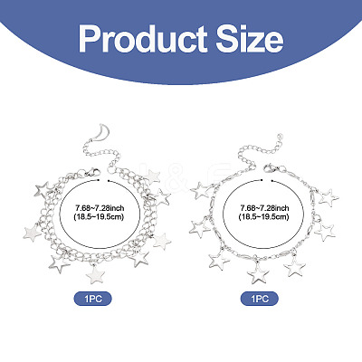 2Pcs 304 Stainless Steel Star Charm Bracelets BJEW-TADJ00003-1