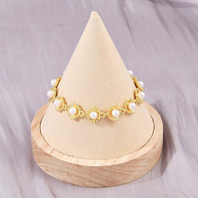 Brass & White Round ABS Plastic Pearl Shell Shape Link Chain Bracelets for Women BJEW-L707-03G-1