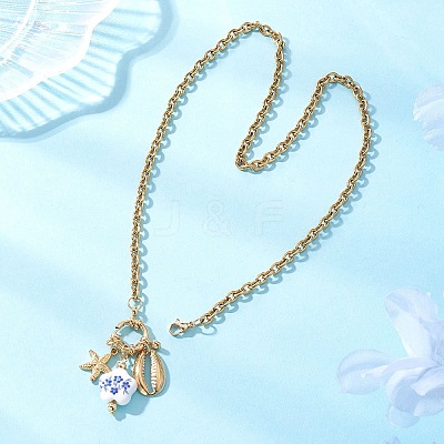 White and Blue Porcelain Flower & 304 Stainless Steel Starfish and Shell Shape Pendant Necklaces for Women NJEW-JN05648-1