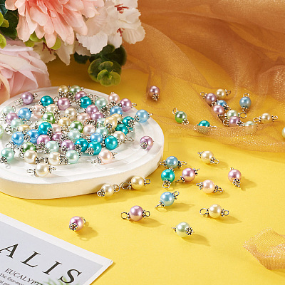 90Pcs 9 Colors Pearlized Glass Pearl Connector Charms PALLOY-TA0002-49A-1