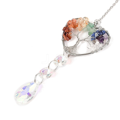 Wire Wrapped Chakra Natural Mixed Stone Heart with Tree of Life Pendant Decorations HJEW-K046-02P-03-1