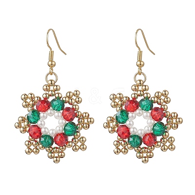 Christmas Brass Glass Bead Snowflake Dangle Earrings EJEW-TA00754-1