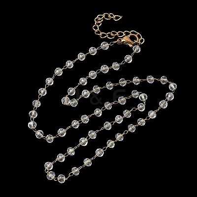 304 Stainless Steel with Glass Faceted Rondelle Bead Handmade Link Chain Birth Stone Necklaces for Women NJEW-G195-01G-12-1