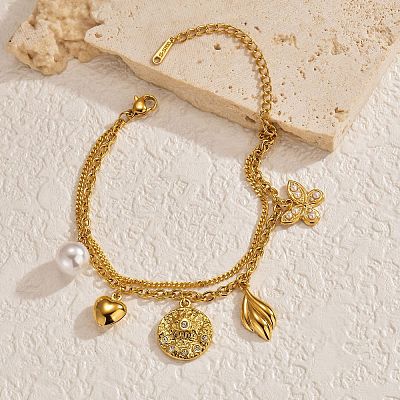 304 Stainless Steel Crystal Rhinestone and Imitation Pearl Butterfly Flower Charm 2-Strand Bracelets for Women WG73EE1-01-1