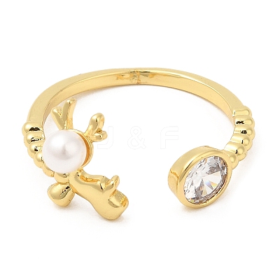Plastic Pearl Christmas Deer Open Cuff Ring with Cubic Zirconia RJEW-R139-01G-1
