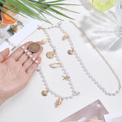 1Pc Summer Beach Alloy Shell Shape & Natural Shell Tassel Imitation Pearl Beaded Waist Chains for Women AJEW-CY0003-26-1