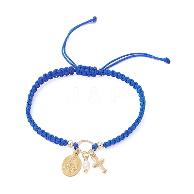 Oval with Virgin Mary & Cross 304 Stainless Steel & Natural Freshwater Pearl Charm Bracelets BJEW-JB12928-1