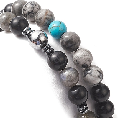 Natural Black Stone & Picasso Jasper & Labradorite & Synthetic Turquois & Non-Magnetic Synthetic Hematite Beaded Stretch Bracelets Sets for Women BJEW-JB09279-1