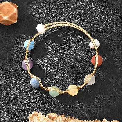 Round Mixed Gemstone Braided Bangle with Natural Pearl BJEW-JB08000-1