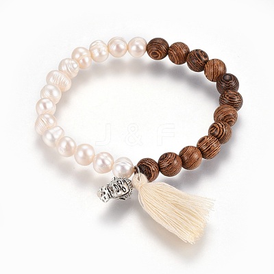 Cotton Thread Tassels Charm Stretch Bracelets BJEW-JB04110-1