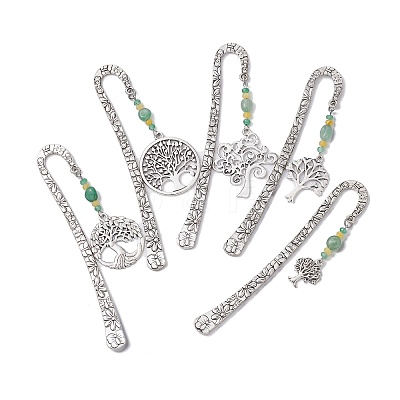 Natural Malaysia Jade & Green Aventurine Beaded Pendant Bookmarks with Alloy Tree of Life AJEW-JK00255-1