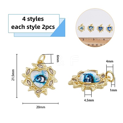8Pcs 4 Style Brass Micro Pave Clear Cubic Zirconia Pendants KK-DC0002-68-1