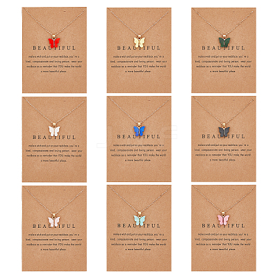 9Pcs 9 Colors Butterfly Acrylic Pendant Necklace with Light Gold Alloy Cable Chains NJEW-AN0001-79-1