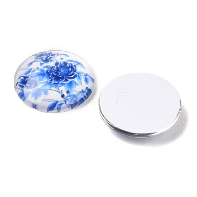 Blue and White Floral Printed Glass Cabochons GGLA-A002-25mm-XX-1