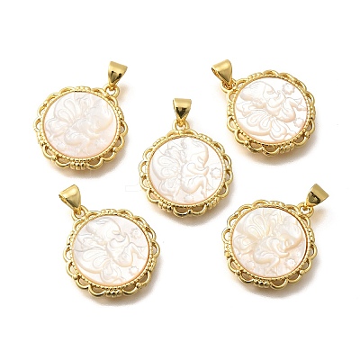 Brass with Natural Shell Carved Pendants KK-Z091-07G-02-1