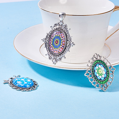 Tibetan Style Alloy Pendant Cabochon Settings and Mosaic Printed Glass Oval Cabochons TIBEP-PH0004-34AS-1