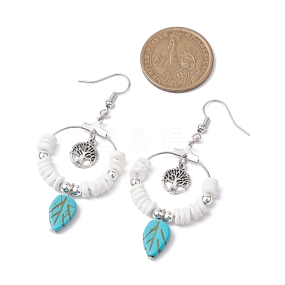 Natural Sea Shell Beads and Synthetical Dyed Turquoise Leaf Pendants Earrings EJEW-JE05921-1
